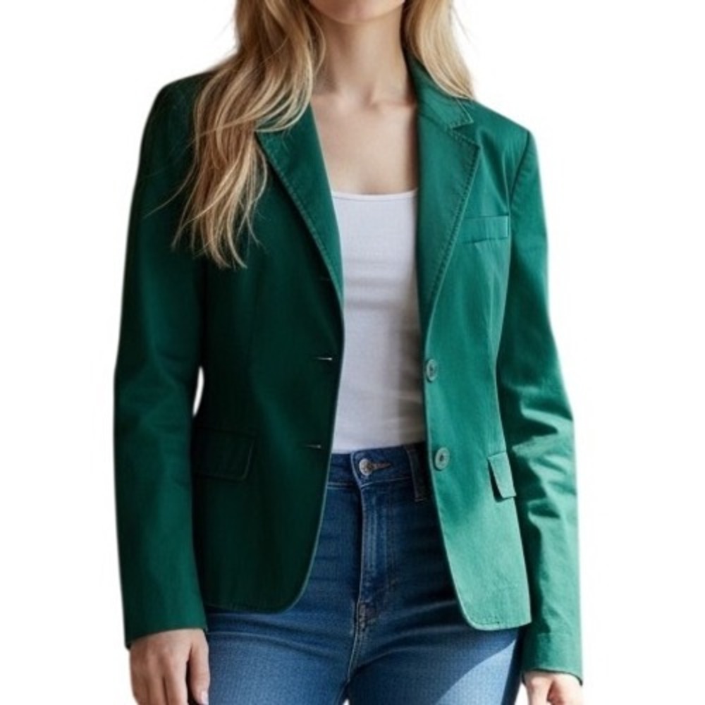 Talbots Women's Green Cotton‎ Blend Blazer Jacket Blue White Strip Lining Size 4